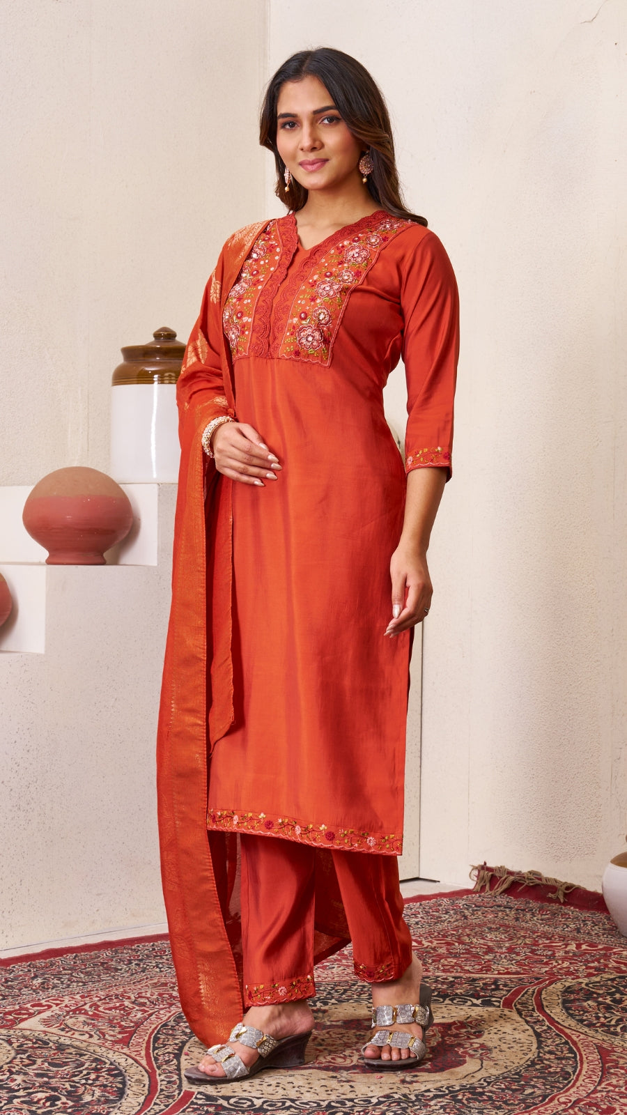 Luxury Roman Silk Embroidered Kurta Set with Dupatta | Festive & Wedding Wear Suit for Women