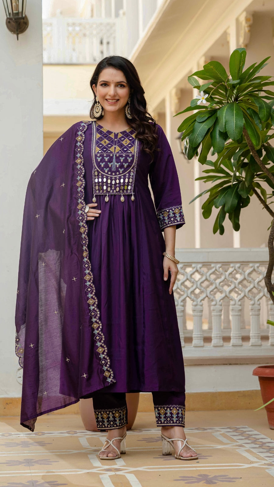 Luxury Anarkali Kurti Set with Real Mirror Work | Viscose Roman Silk Festive Suit with Chanderi Dupatta