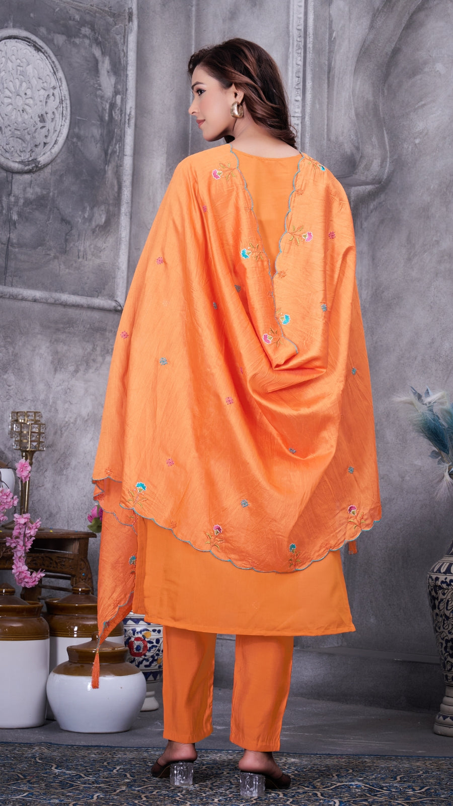 Elegant Embroidered Roman Silk Kurti Pant Set with Dupatta | Festive & Ethnic Wear for Women