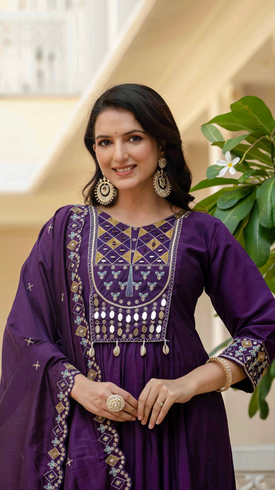 Luxury Anarkali Kurti Set with Real Mirror Work | Viscose Roman Silk Festive Suit with Chanderi Dupatta