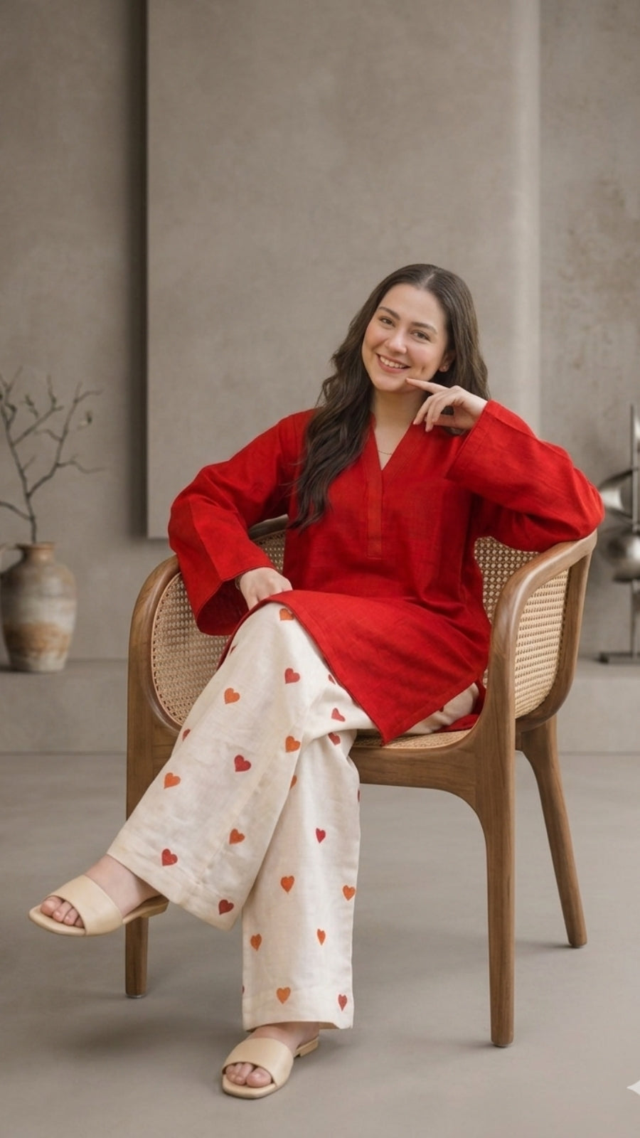 Luxury Cotton Co-Ord Set for Women | Elegant Kurti with Heart Print Palazzo | Premium Casual Wear