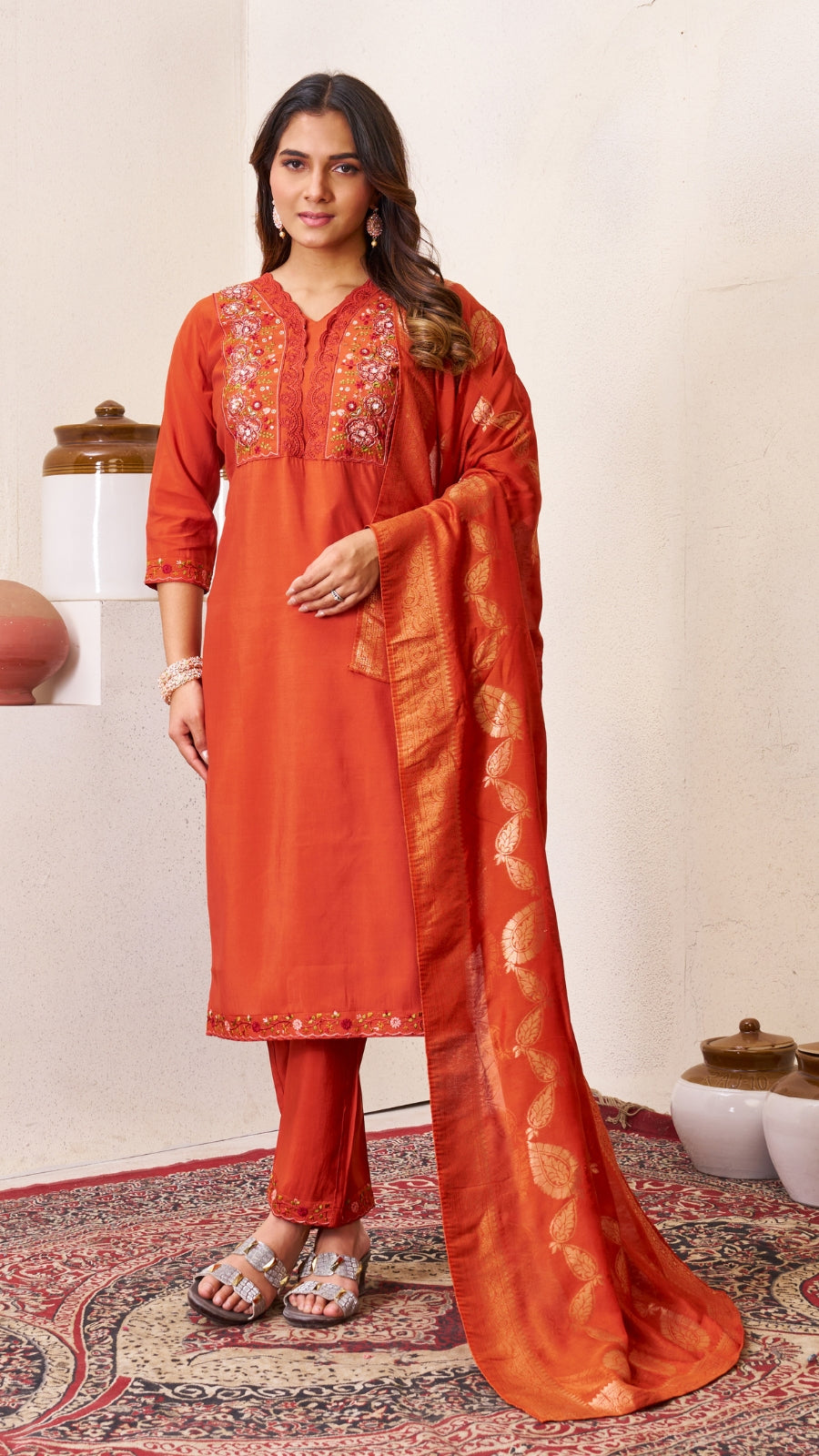 Luxury Roman Silk Embroidered Kurta Set with Dupatta | Festive & Wedding Wear Suit for Women