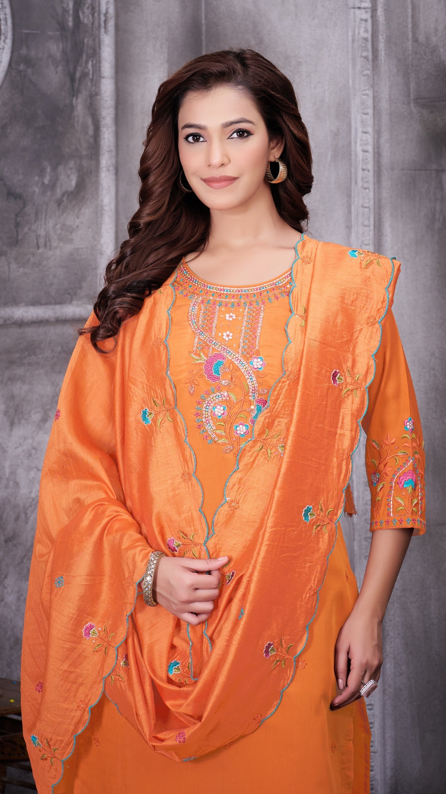 Elegant Embroidered Roman Silk Kurti Pant Set with Dupatta | Festive & Ethnic Wear for Women