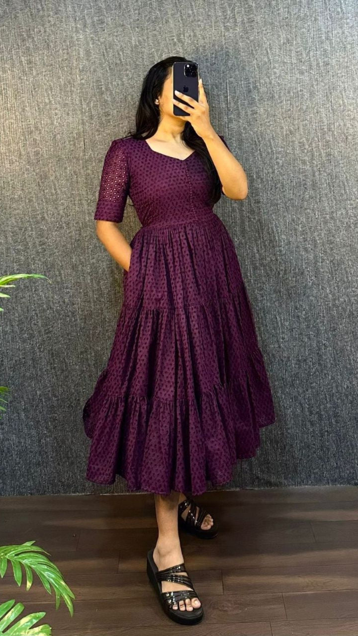 Women’s Hakoba Cotton Flared Midi Dress | Trendy 3 Layer Casual & Party Wear Midi Gown with Pocket