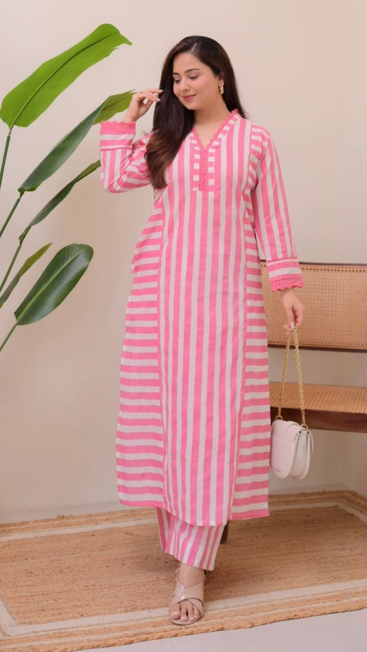 Women Striped Rayon Kurta Palazzo Set | Stylish Straight Kurti Set | Summer Ethnic Wear (4 Colors)