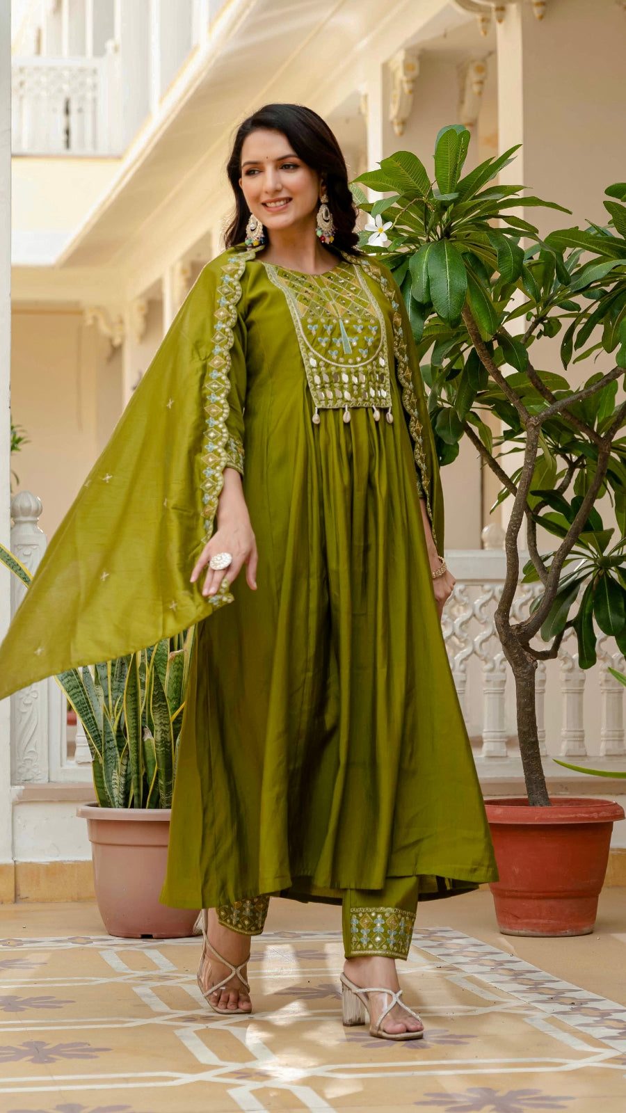 Luxury Anarkali Kurti Set with Real Mirror Work | Viscose Roman Silk Festive Suit with Chanderi Dupatta