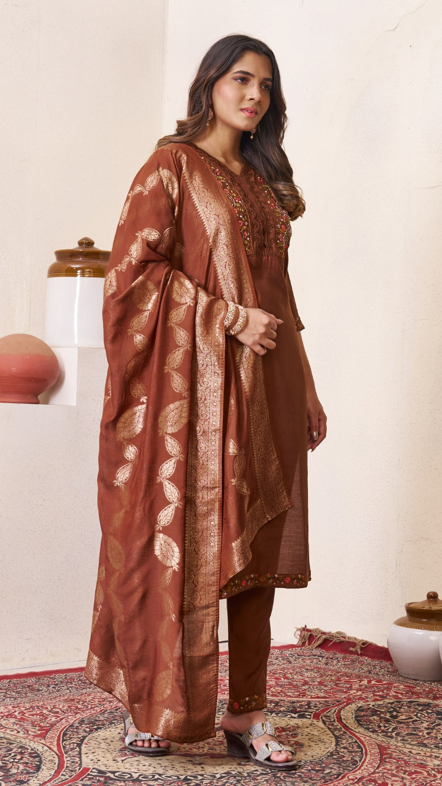 Luxury Roman Silk Embroidered Kurta Set with Dupatta | Festive & Wedding Wear Suit for Women