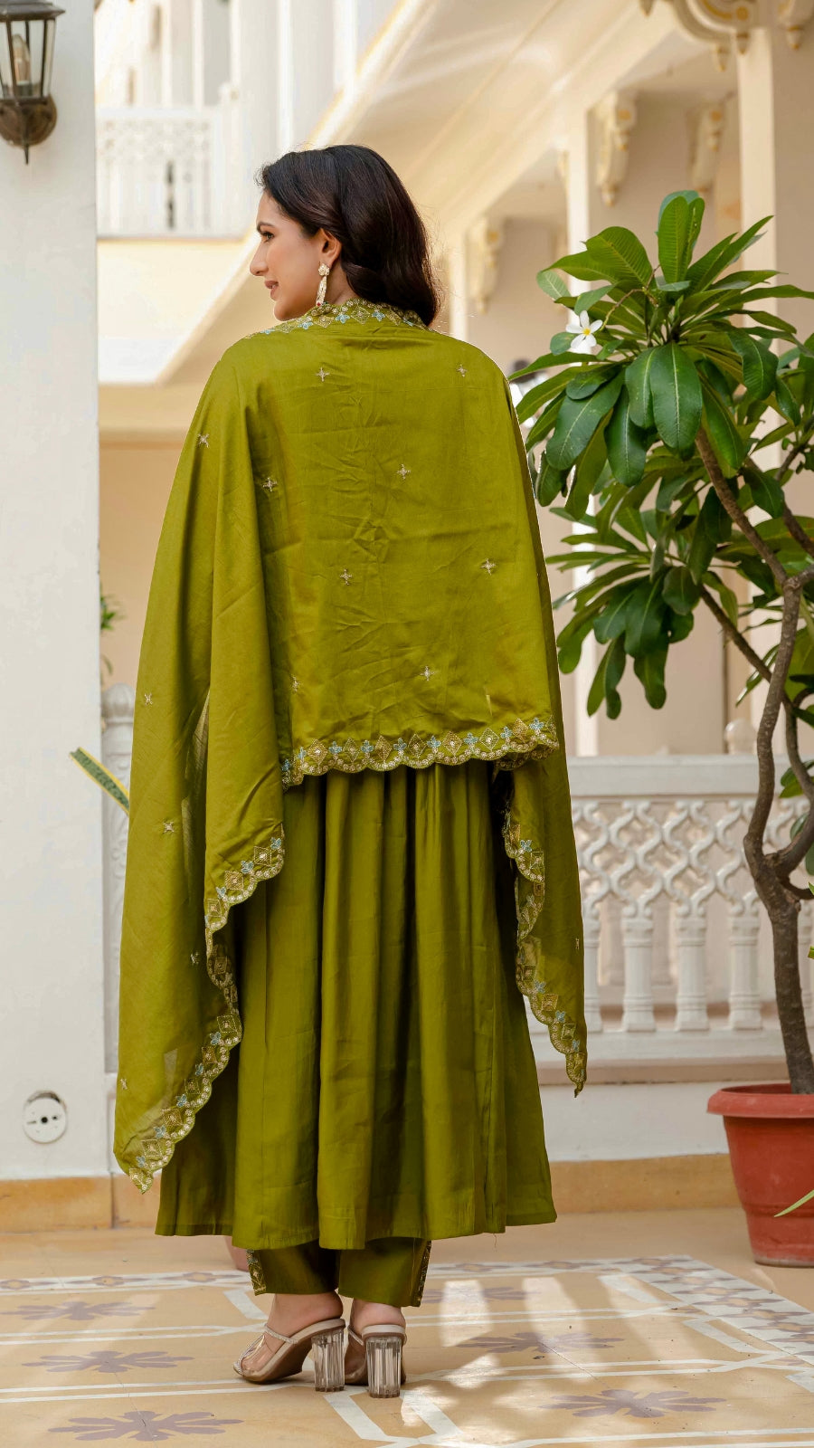 Luxury Anarkali Kurti Set with Real Mirror Work | Viscose Roman Silk Festive Suit with Chanderi Dupatta