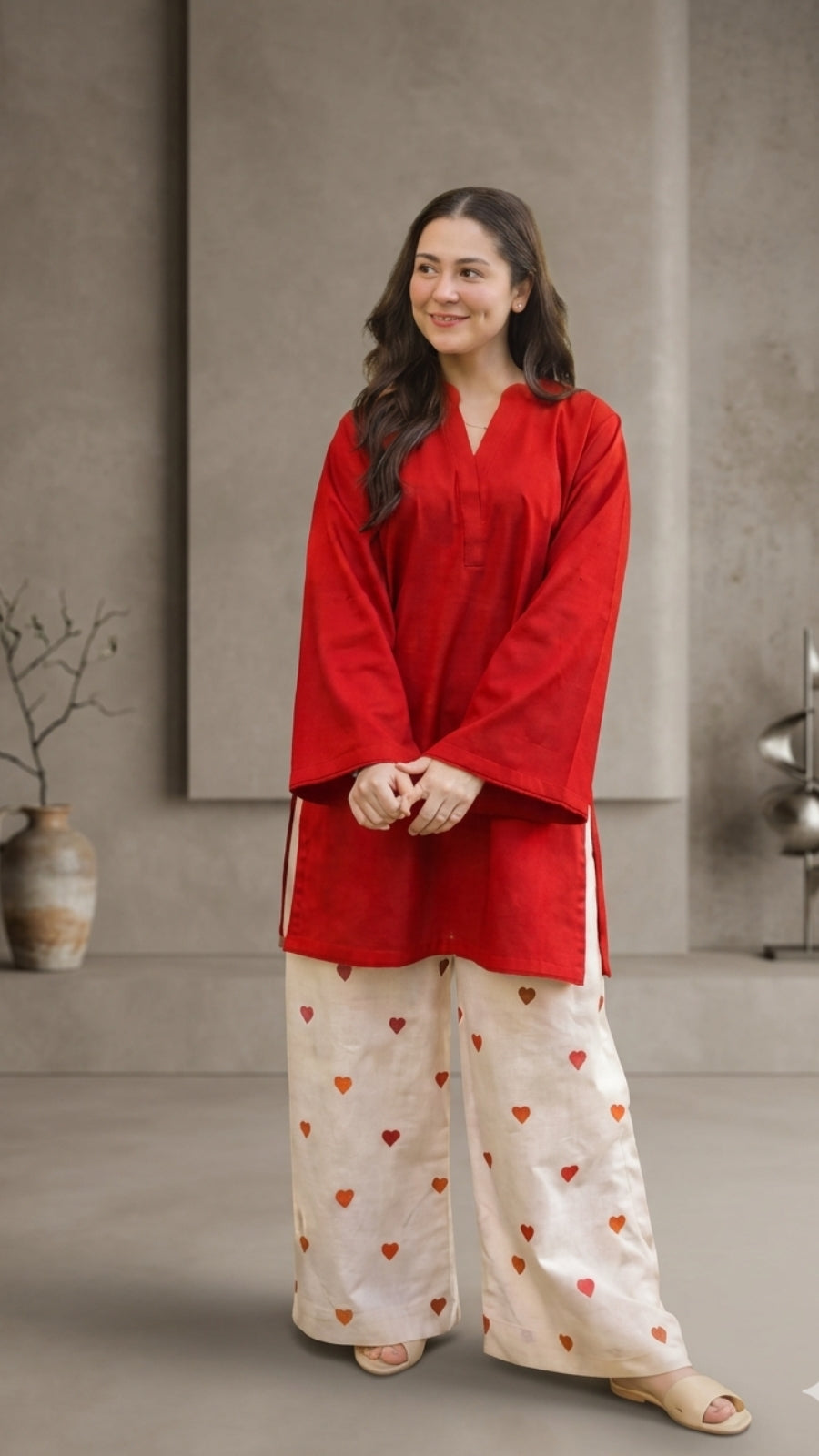 Luxury Cotton Co-Ord Set for Women | Elegant Kurti with Heart Print Palazzo | Premium Casual Wear