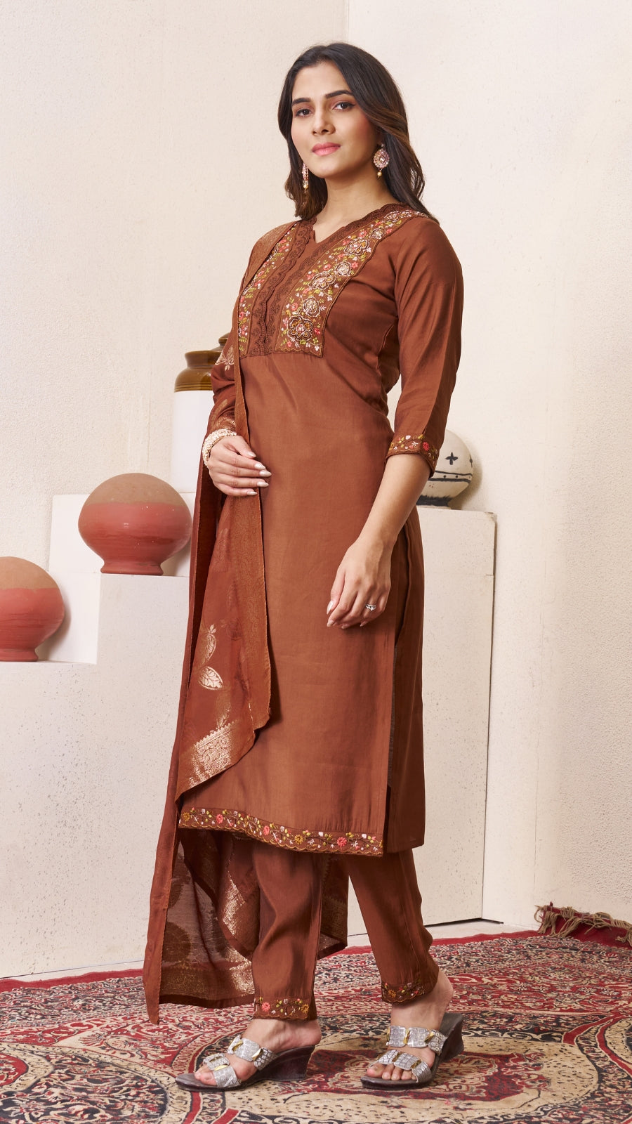 Luxury Roman Silk Embroidered Kurta Set with Dupatta | Festive & Wedding Wear Suit for Women
