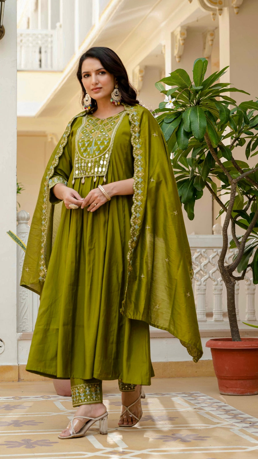 Luxury Anarkali Kurti Set with Real Mirror Work | Viscose Roman Silk Festive Suit with Chanderi Dupatta