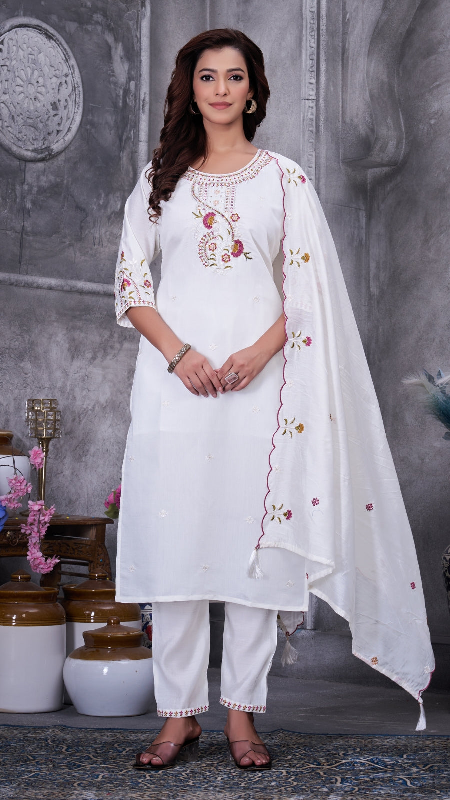 Elegant Embroidered Roman Silk Kurti Pant Set with Dupatta | Festive & Ethnic Wear for Women