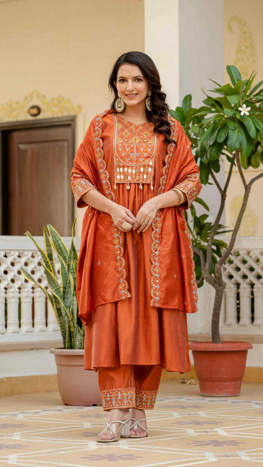 Luxury Anarkali Kurti Set with Real Mirror Work | Viscose Roman Silk Festive Suit with Chanderi Dupatta