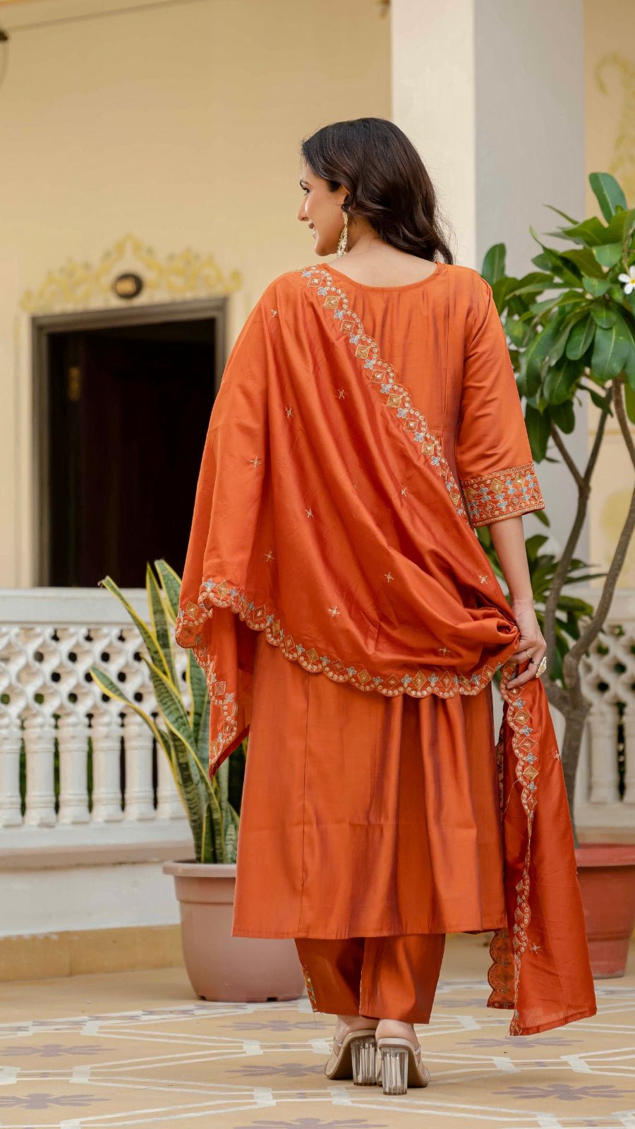 Luxury Anarkali Kurti Set with Real Mirror Work | Viscose Roman Silk Festive Suit with Chanderi Dupatta