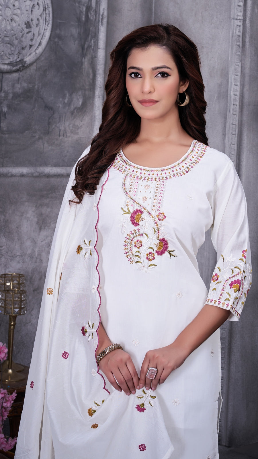 Elegant Embroidered Roman Silk Kurti Pant Set with Dupatta | Festive & Ethnic Wear for Women