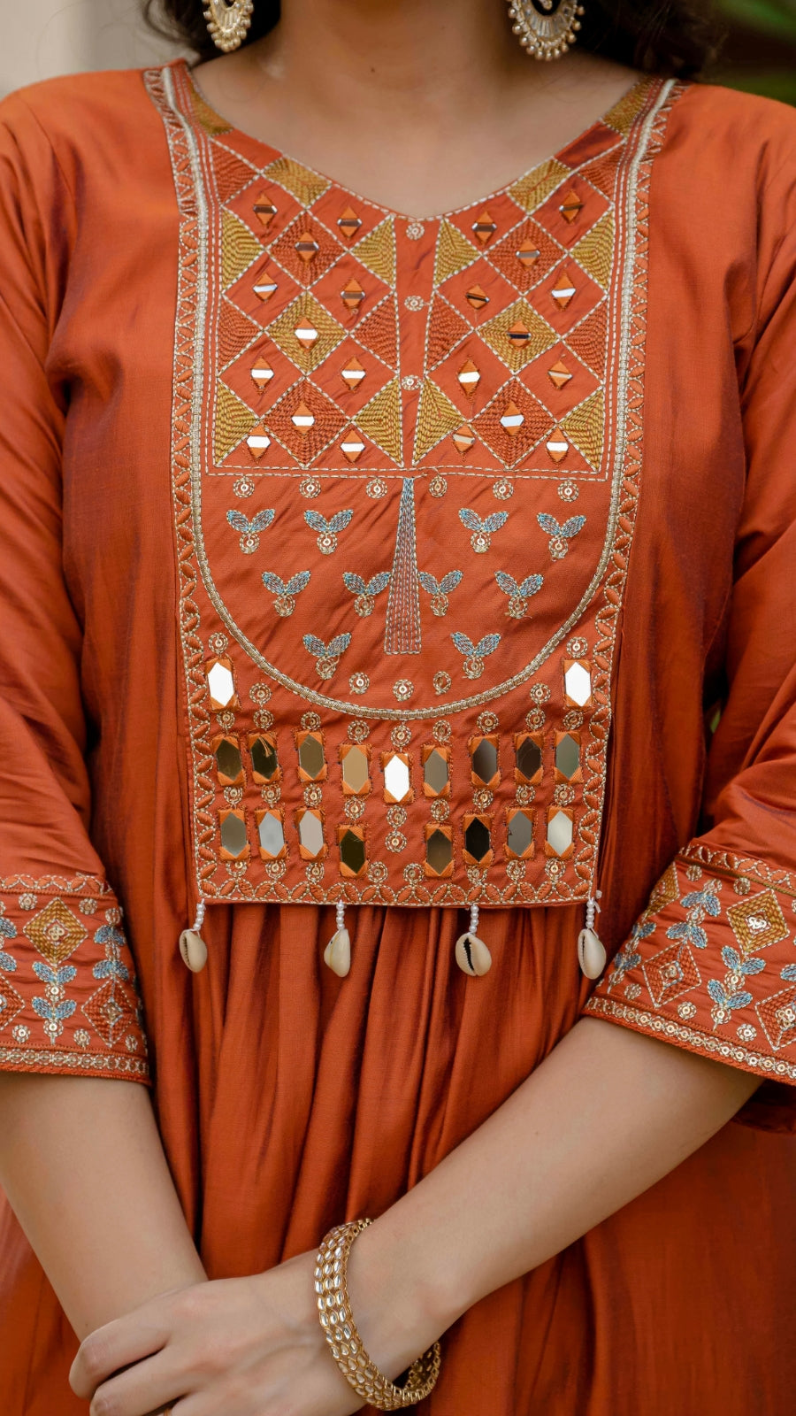 Luxury Anarkali Kurti Set with Real Mirror Work | Viscose Roman Silk Festive Suit with Chanderi Dupatta