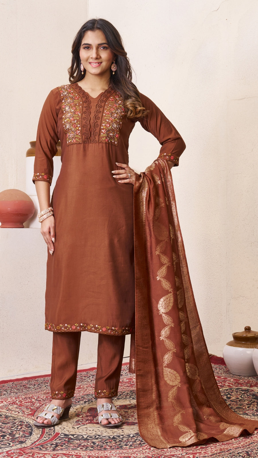 Luxury Roman Silk Embroidered Kurta Set with Dupatta | Festive & Wedding Wear Suit for Women