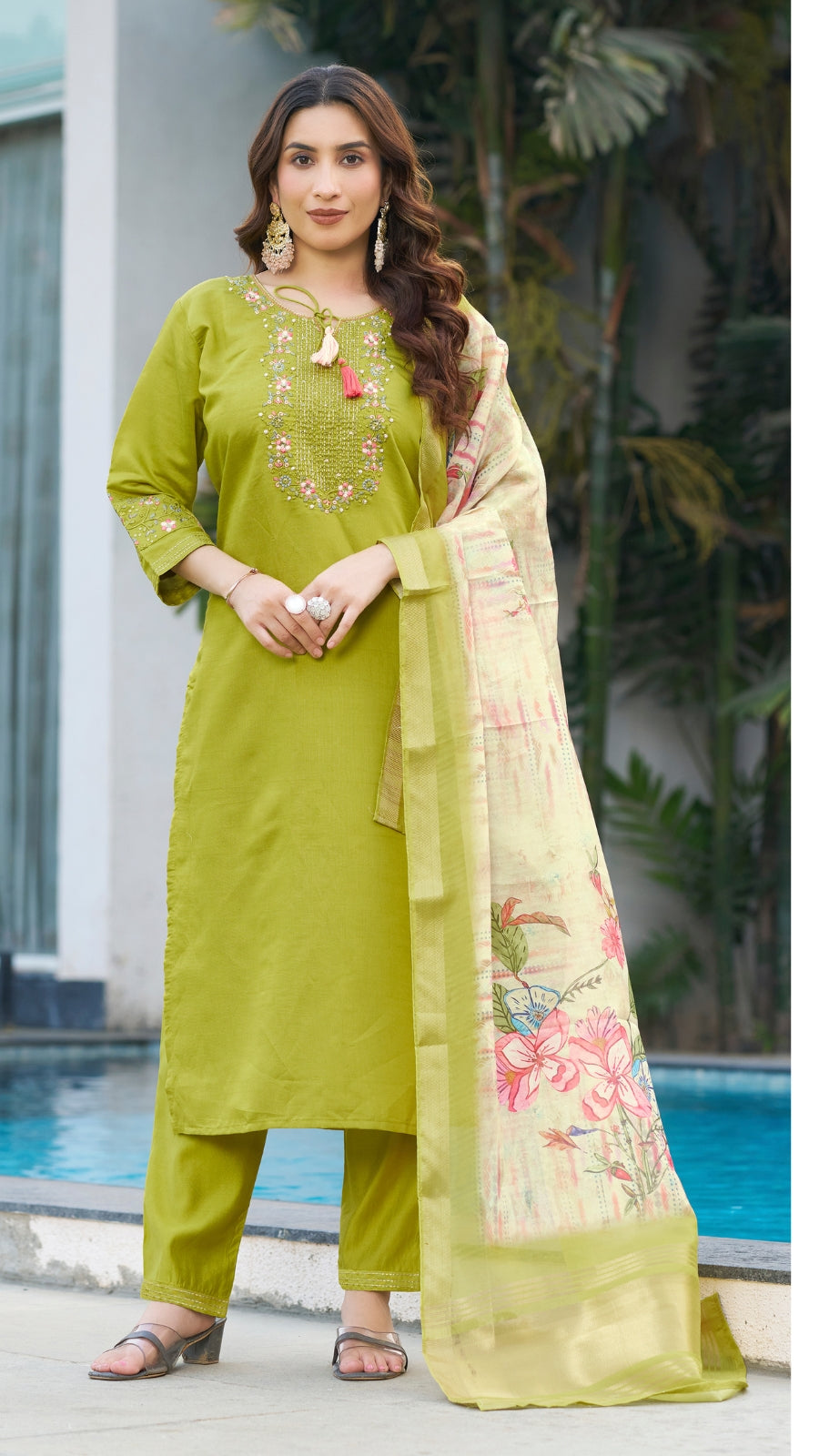 Elegant Parrot Green Embroidered Kurti Pant Dupatta Set | Viscose Silk Festive Wear for Women