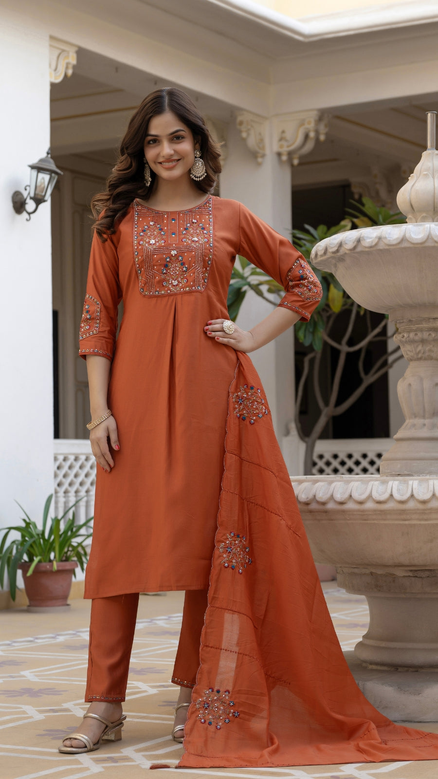 Embroidered Kurti Pant Set with Dupatta – Festive Wear for Women