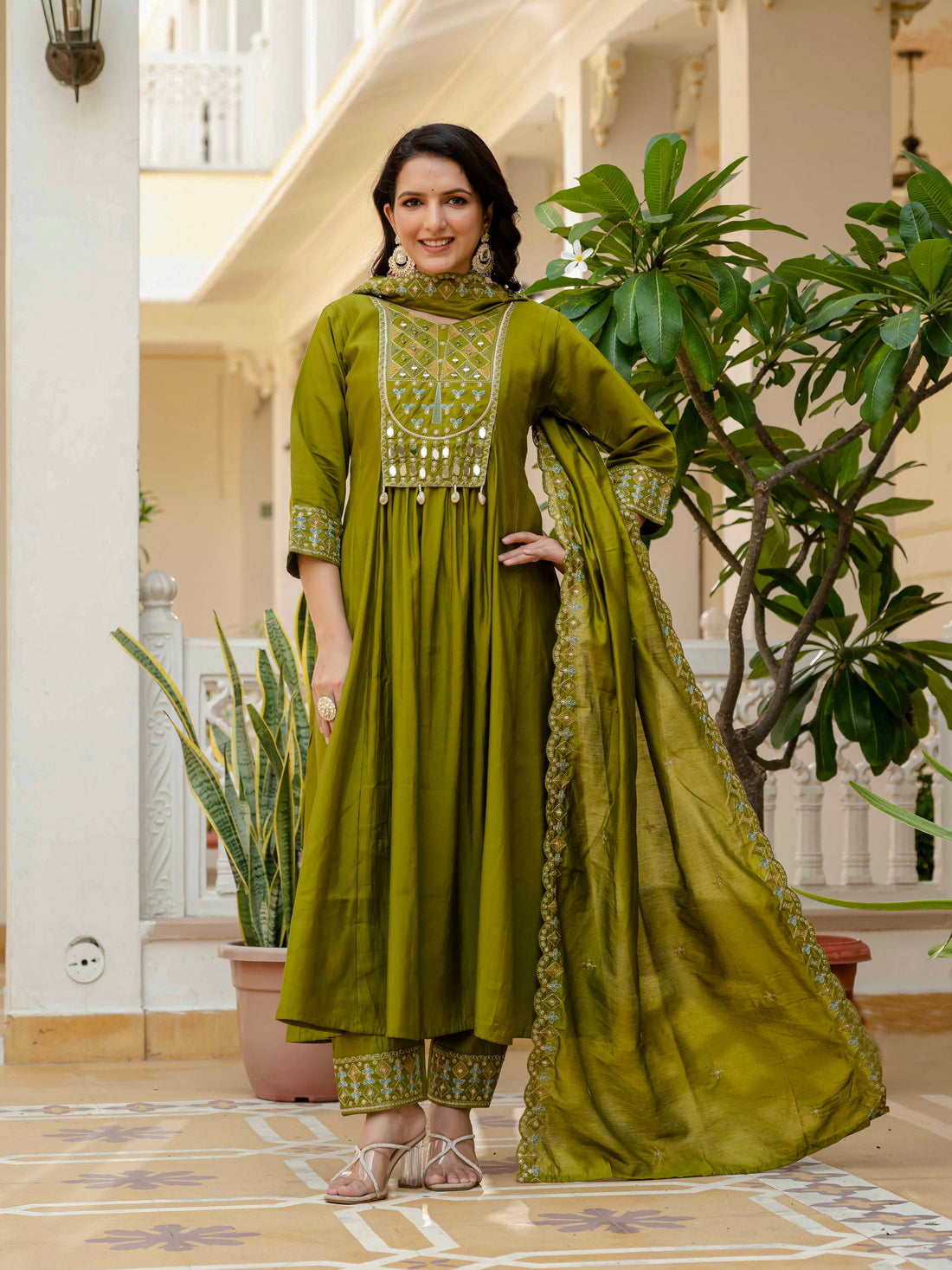 Luxury Anarkali Kurti Set with Real Mirror Work | Viscose Roman Silk Festive Suit with Chanderi Dupatta