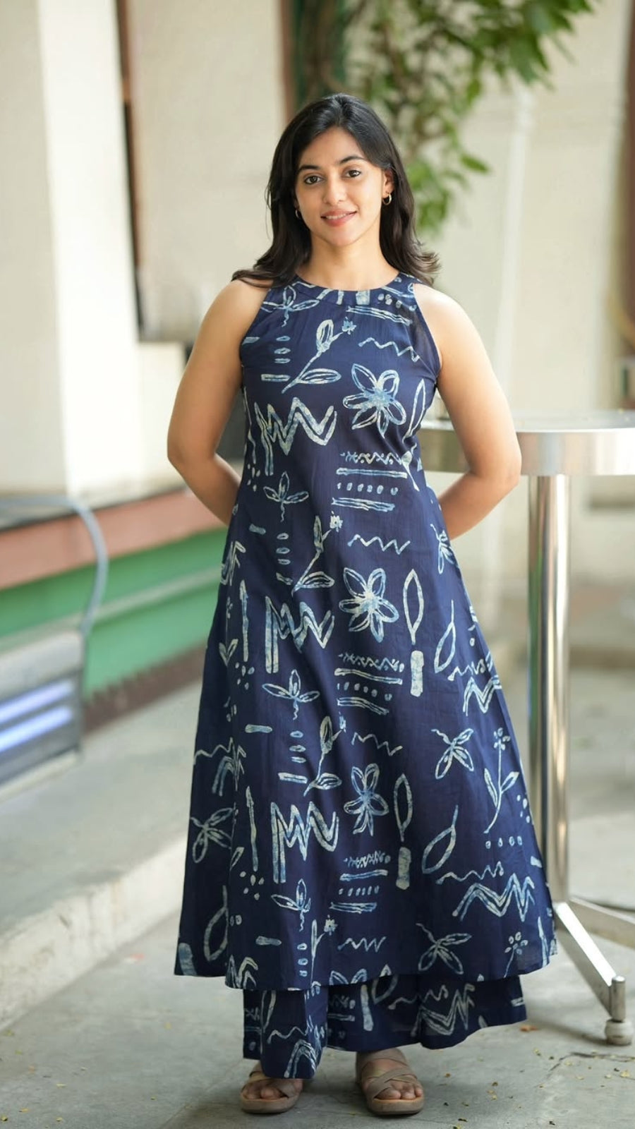 Women's Navy Blue Printed Cotton A-Line Kurta Palazzo Set with Side Pockets | Sleeveless Halter Neck Co-Ord Set
