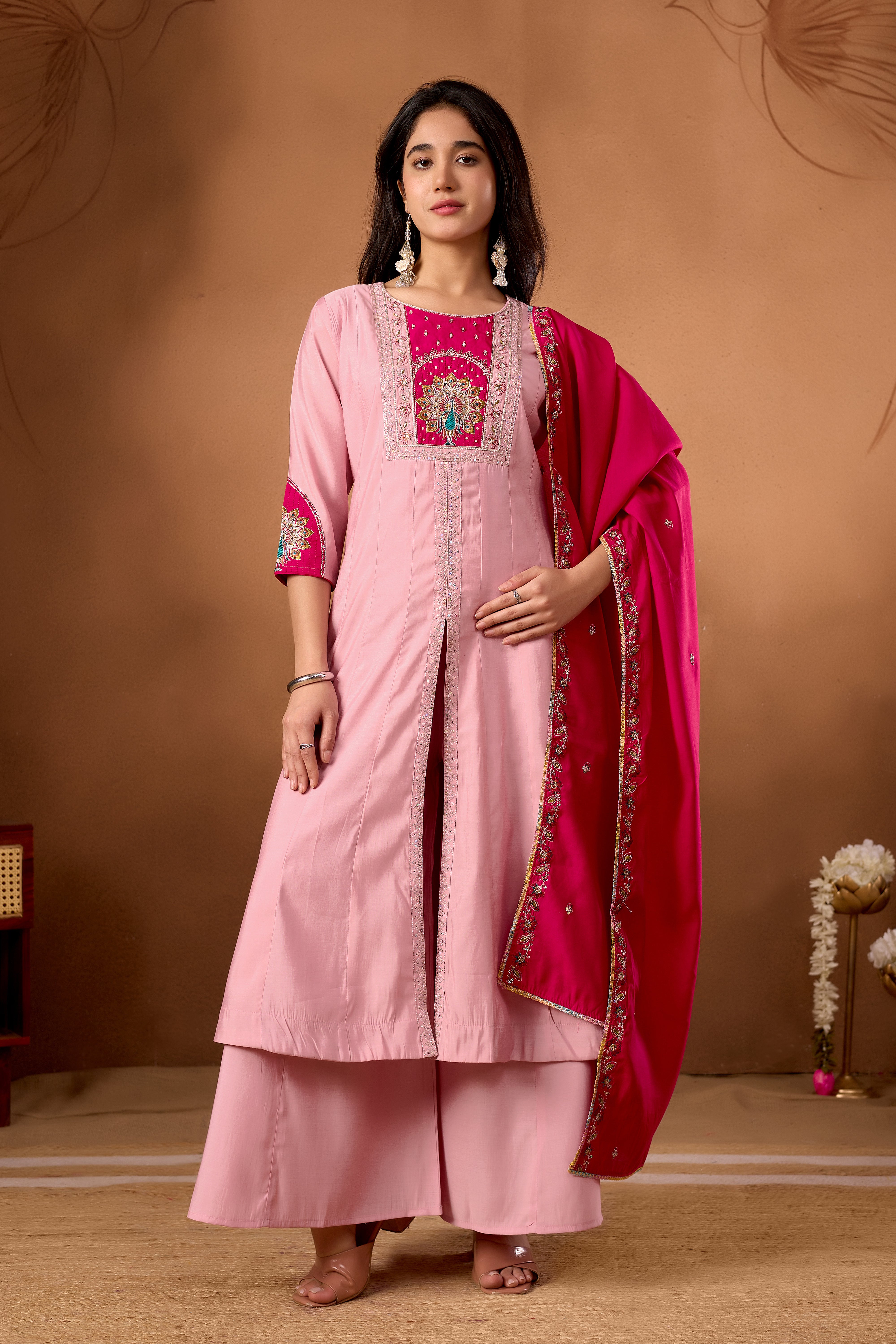 Anarkali Kurti Plazo Dupatta Set – Premium Roman Silk Embroidery Festive Wear