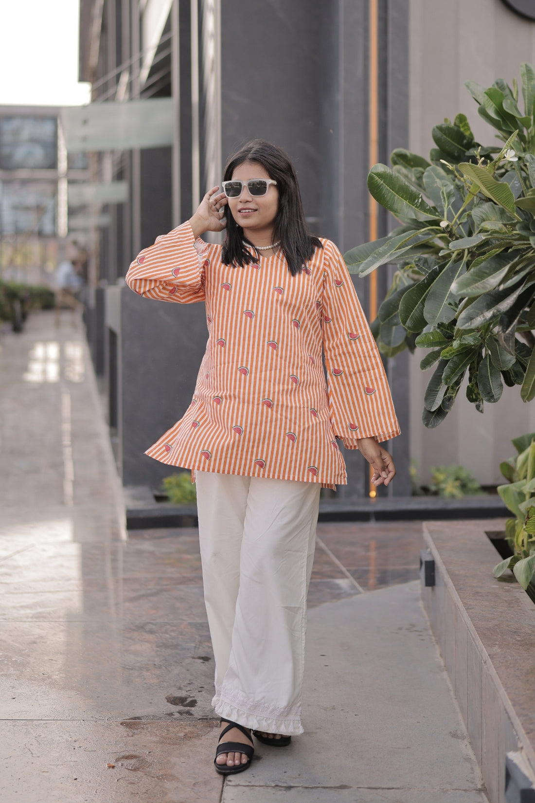 Women’s Orange Striped Watermelon Printed Bell Sleeve Kurta Palazzo Set