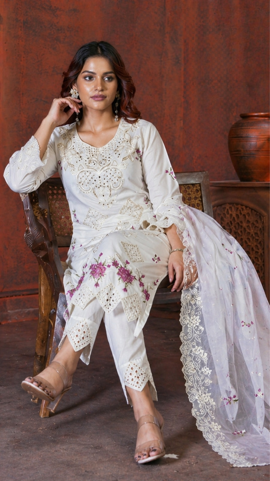 Embroidered Kurti Pant Set with Organza Dupatta – Designer Festive Wear for Women