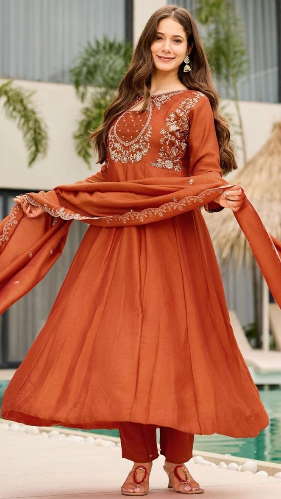 Women Embroidered Vichitra Anarkali Suit Set with Dupatta – Festive Ethnic Wear