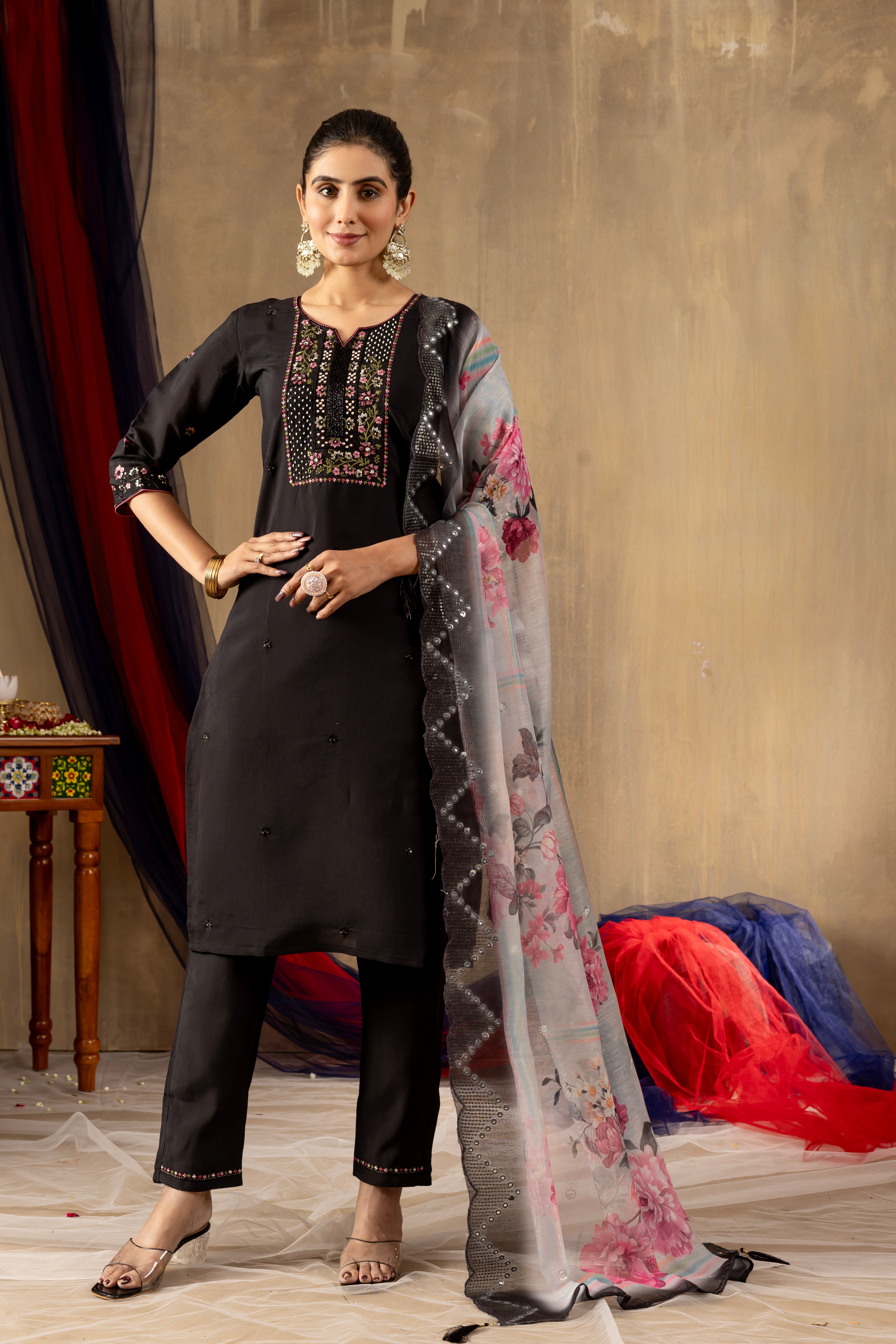 Black ,purple, Rama color Embroidered Kurti Pant Dupatta Set | Premium Ethnic Wear for Women