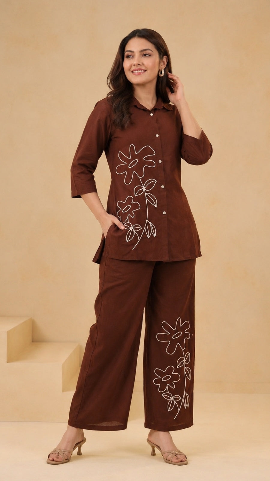 Brown Floral Embroidery Co-Ord Set for Women | Premium Casual Wear | Stylish Shirt & Palazzo Set