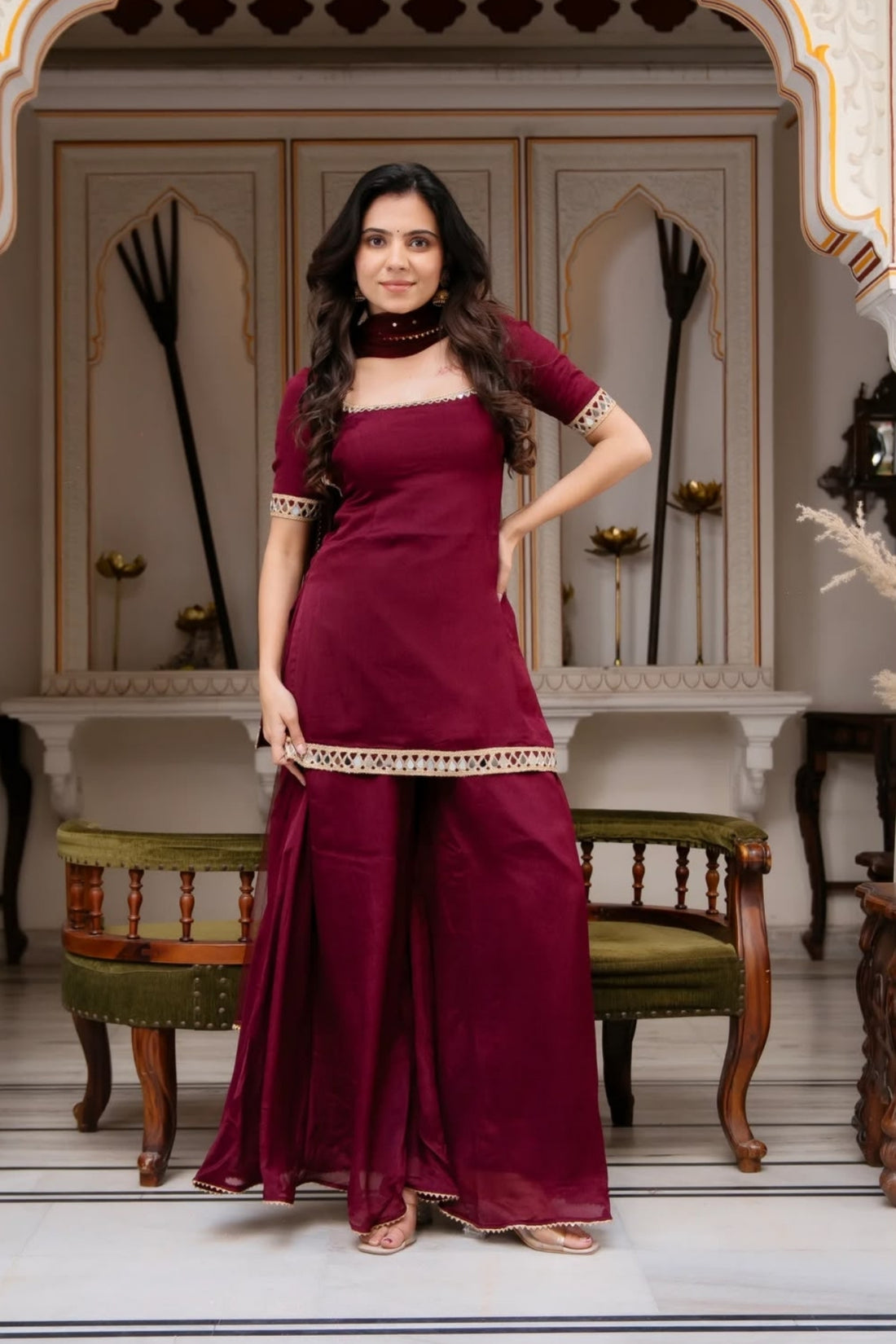 Women’s Heavy 3 Piece Faux Georgette Suit Set with Real Mirror Work, Embroidered Dupatta & Palazzo
