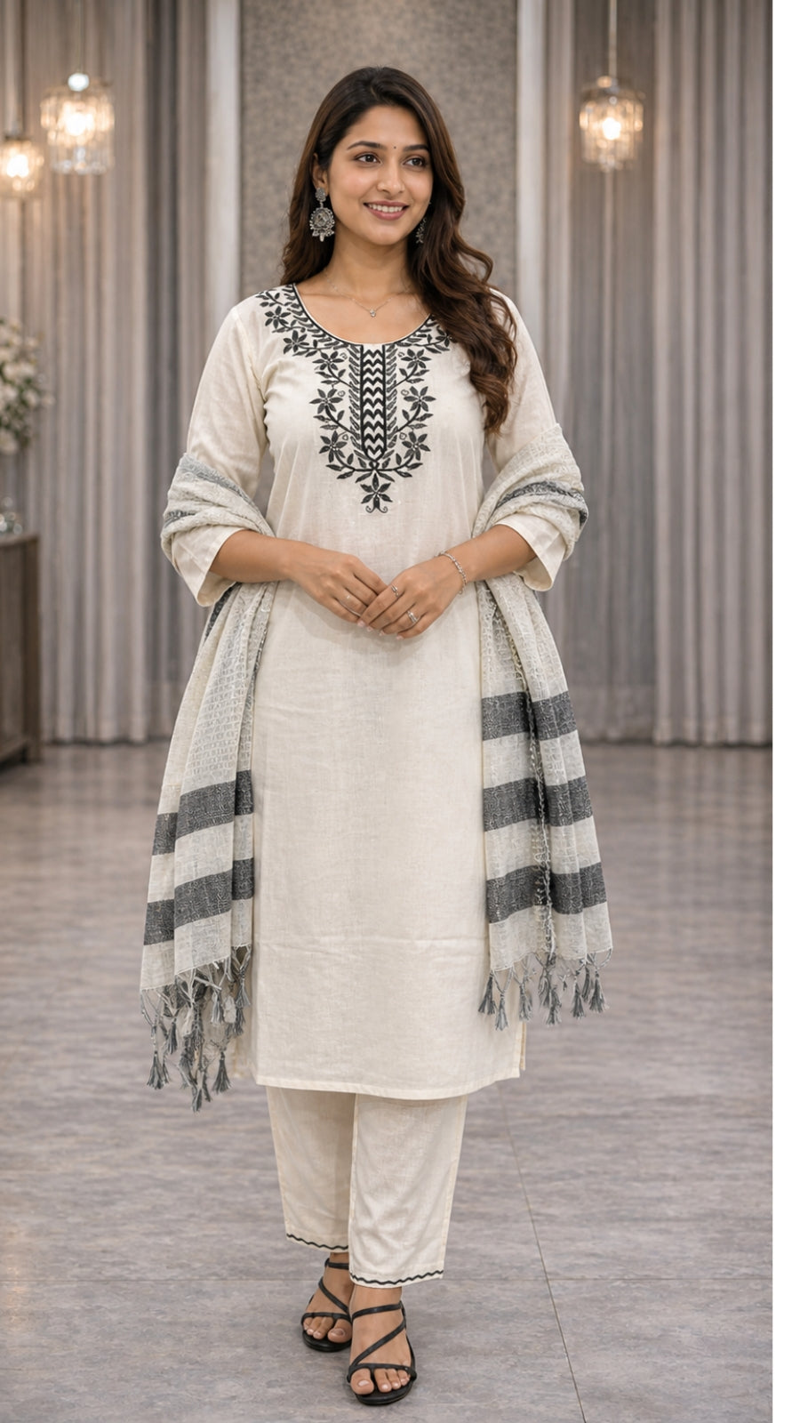 Elegant Khadi Cotton Embroidered Kurti Pant Dupatta Set for Women