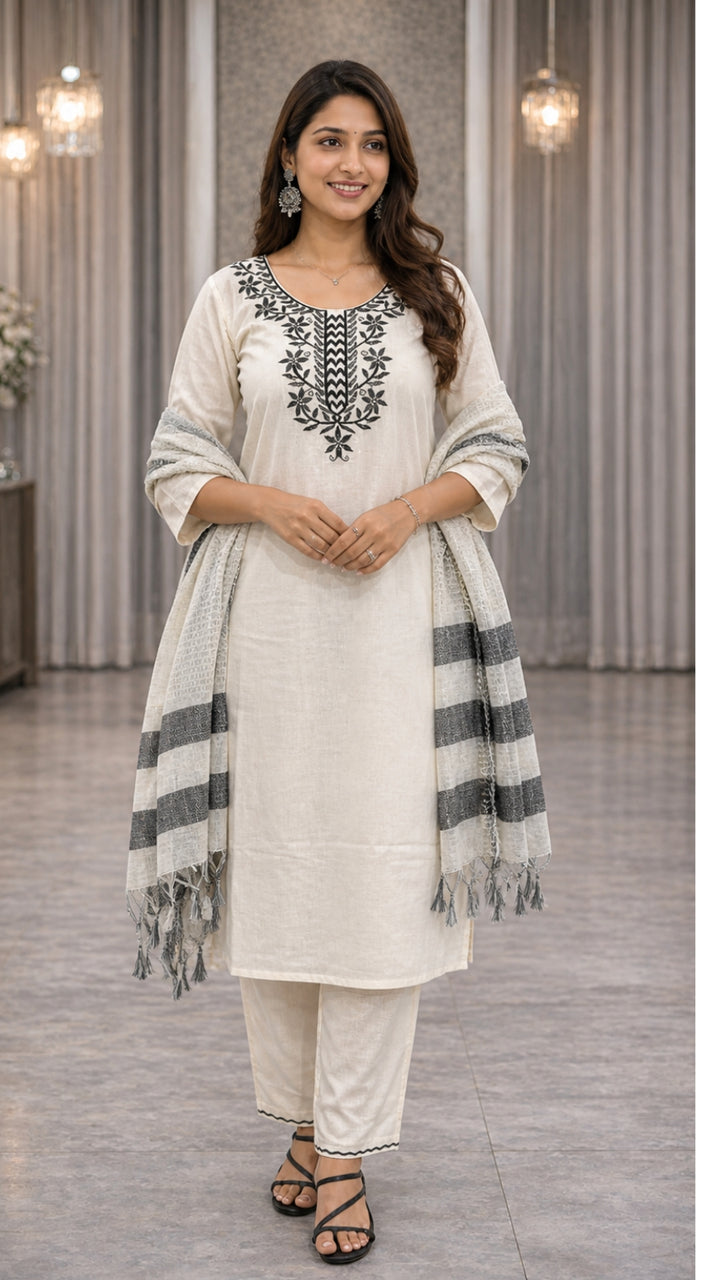 Elegant Khadi Cotton Embroidered Kurti Pant Dupatta Set for Women