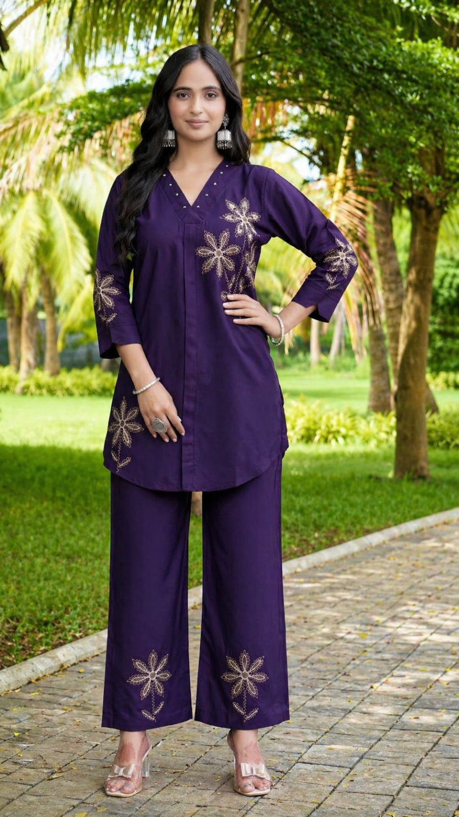 Women Brown Embroidered Co-Ord Set | Rayon Kurti & Straight Pant Set (M to 3XL)