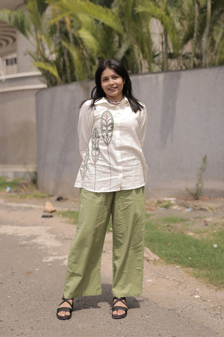 Women's Premium Cotton Flex Embroidered Co-Ord Set with Wide-Leg Pants | All Season Casual Wear