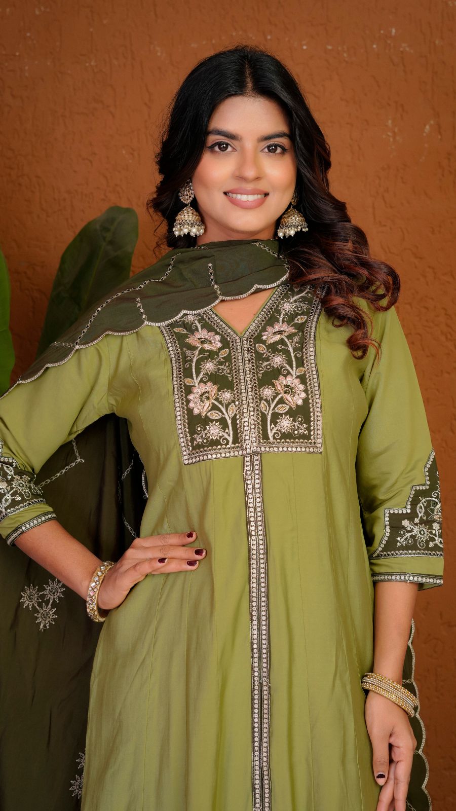 Women’s Olive Green Embroidered Kurta Palazzo Set with Dupatta