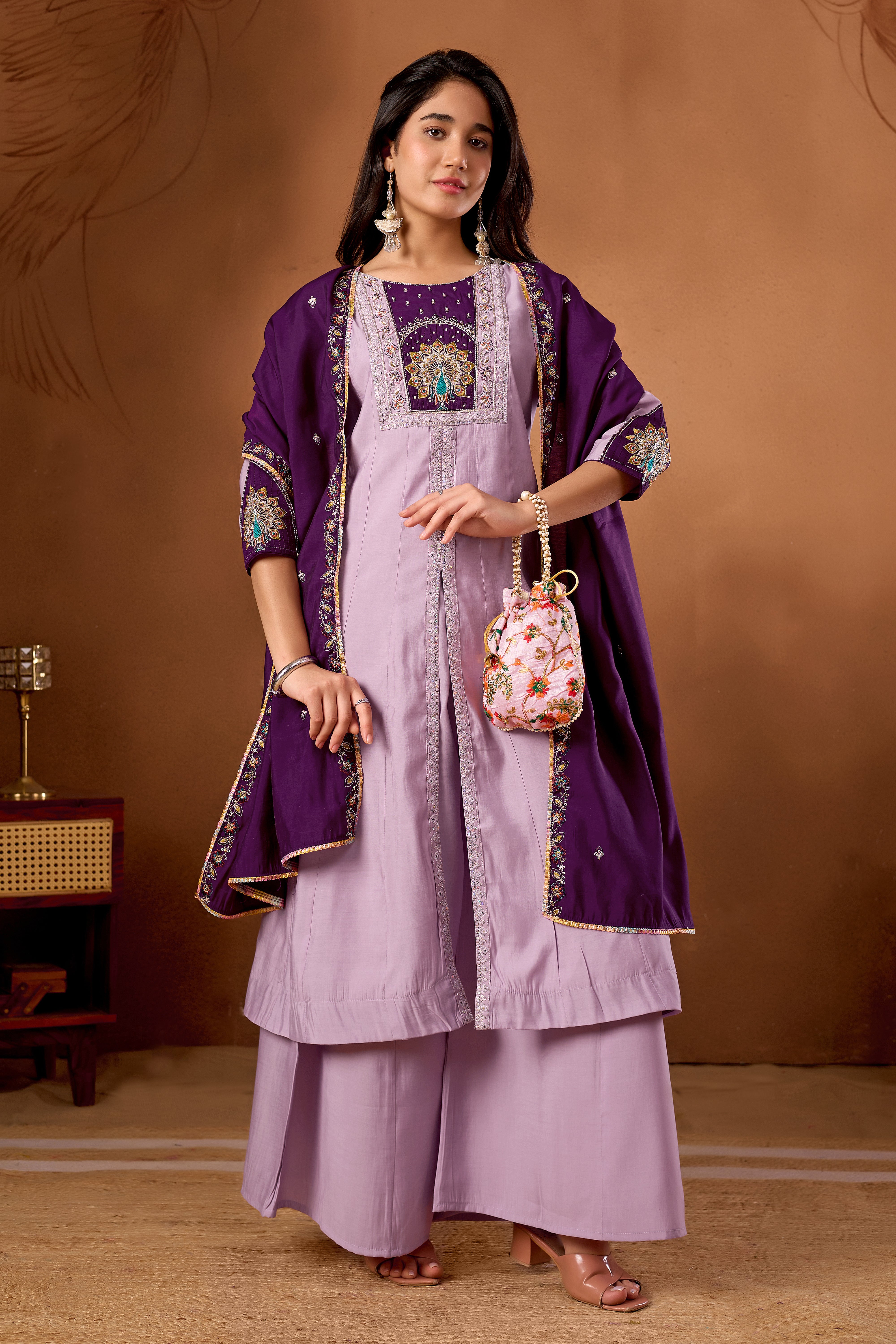 Anarkali Kurti Plazo Dupatta Set – Premium Roman Silk Embroidery Festive Wear