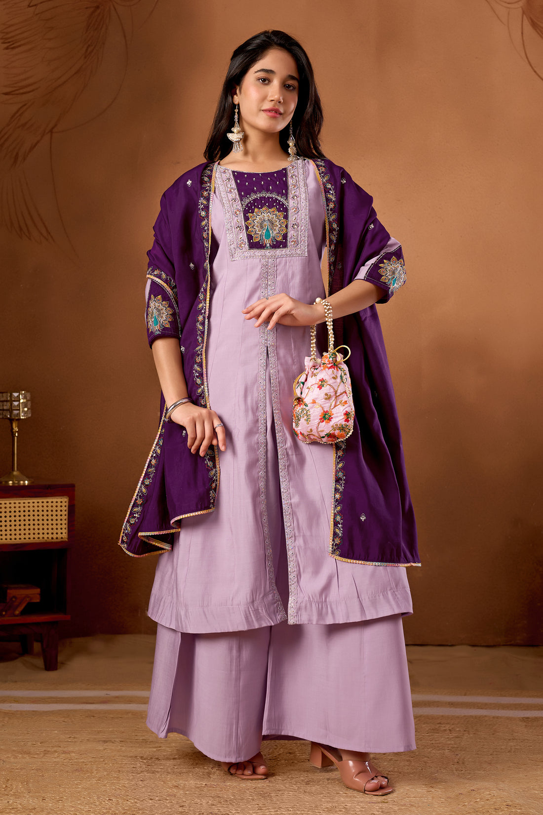Anarkali Kurti Plazo Dupatta Set – Premium Roman Silk Embroidery Festive Wear
