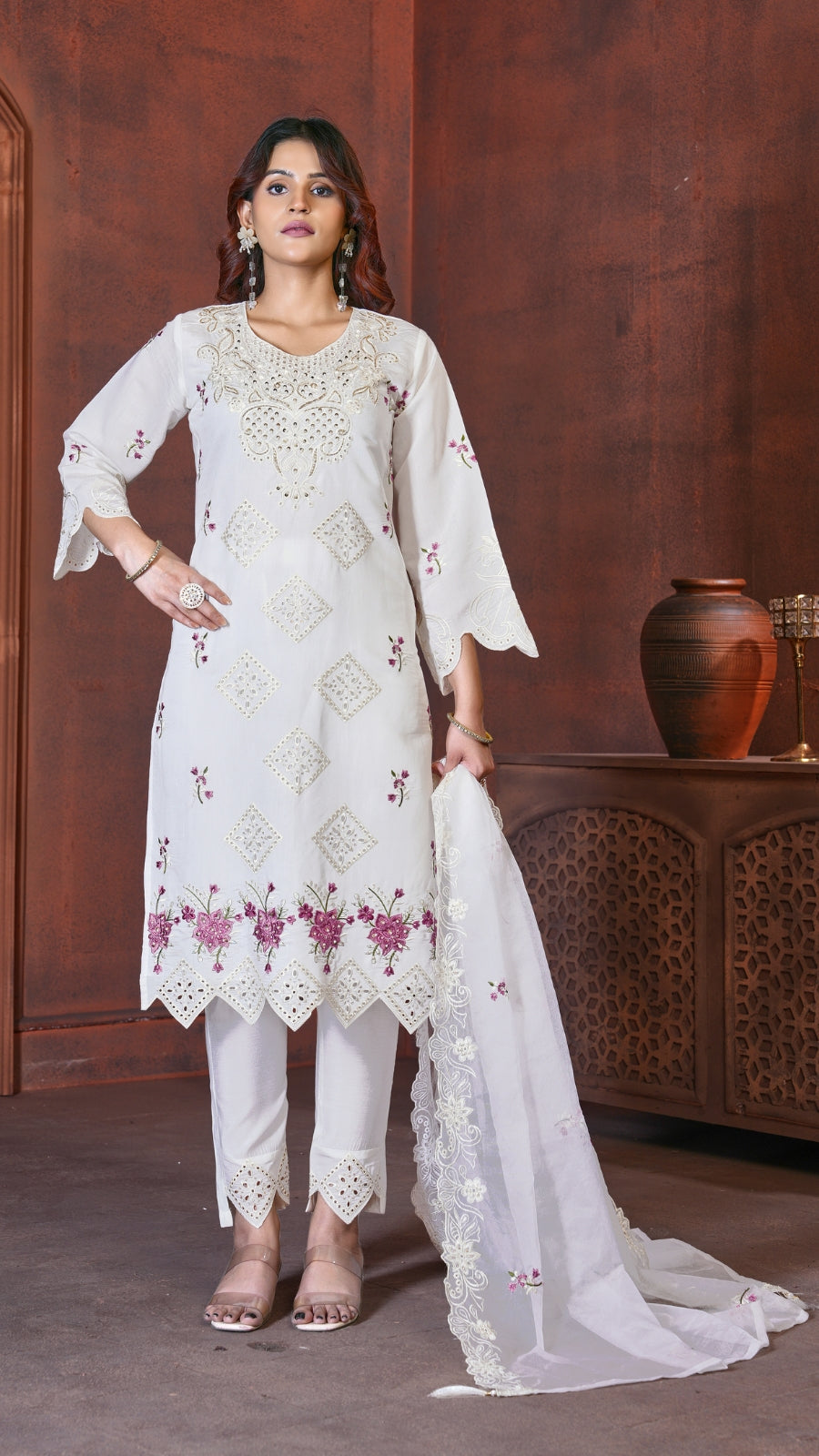 Embroidered Kurti Pant Set with Organza Dupatta – Designer Festive Wear for Women