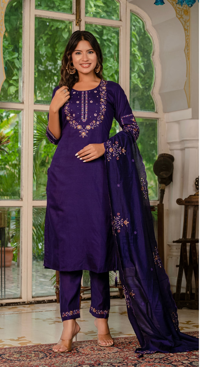 Royal Purple,Perrot,Musted Yellow, Green Embroidered Kurti Pant Dupatta Set | Premium Festive Wear