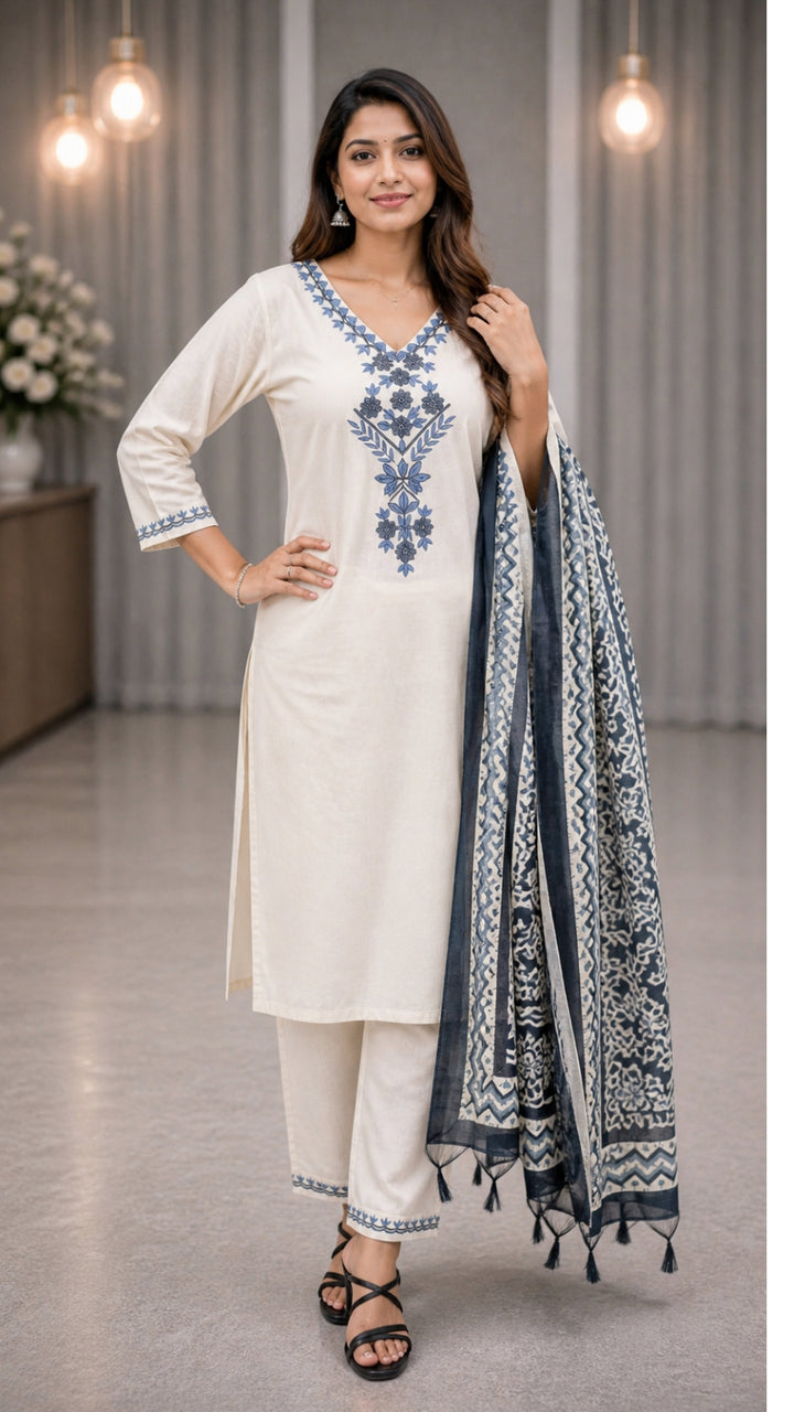 Elegant Khadi Cotton Kurta Pant Dupatta Set for Women | Embroidered Straight Kurti Set | Cream Ethnic Wear