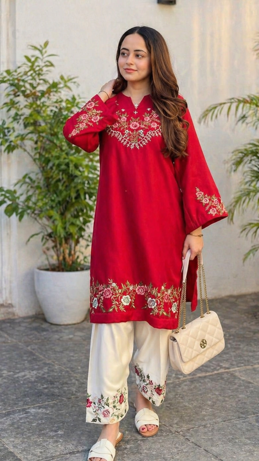 Elegant Red Embroidered Co-ord Set for Women | Pure Cotton Kurti Pant Set