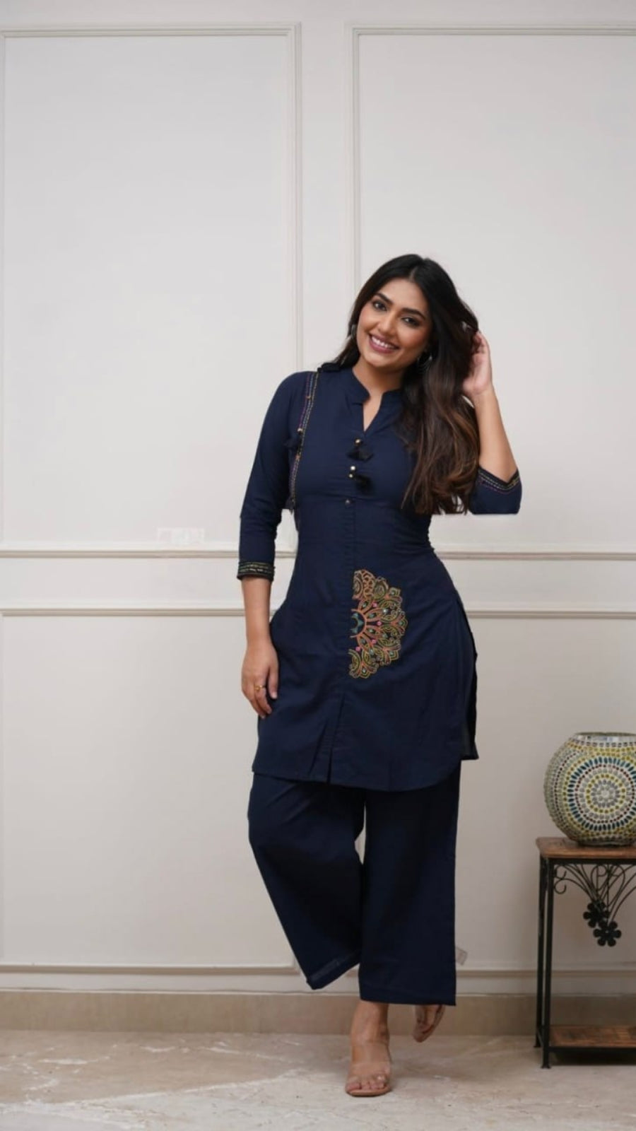 Premium Pure Cotton Embroidered Coord Set for Women | Stylish Kurti Pant Set | Rust & Blue