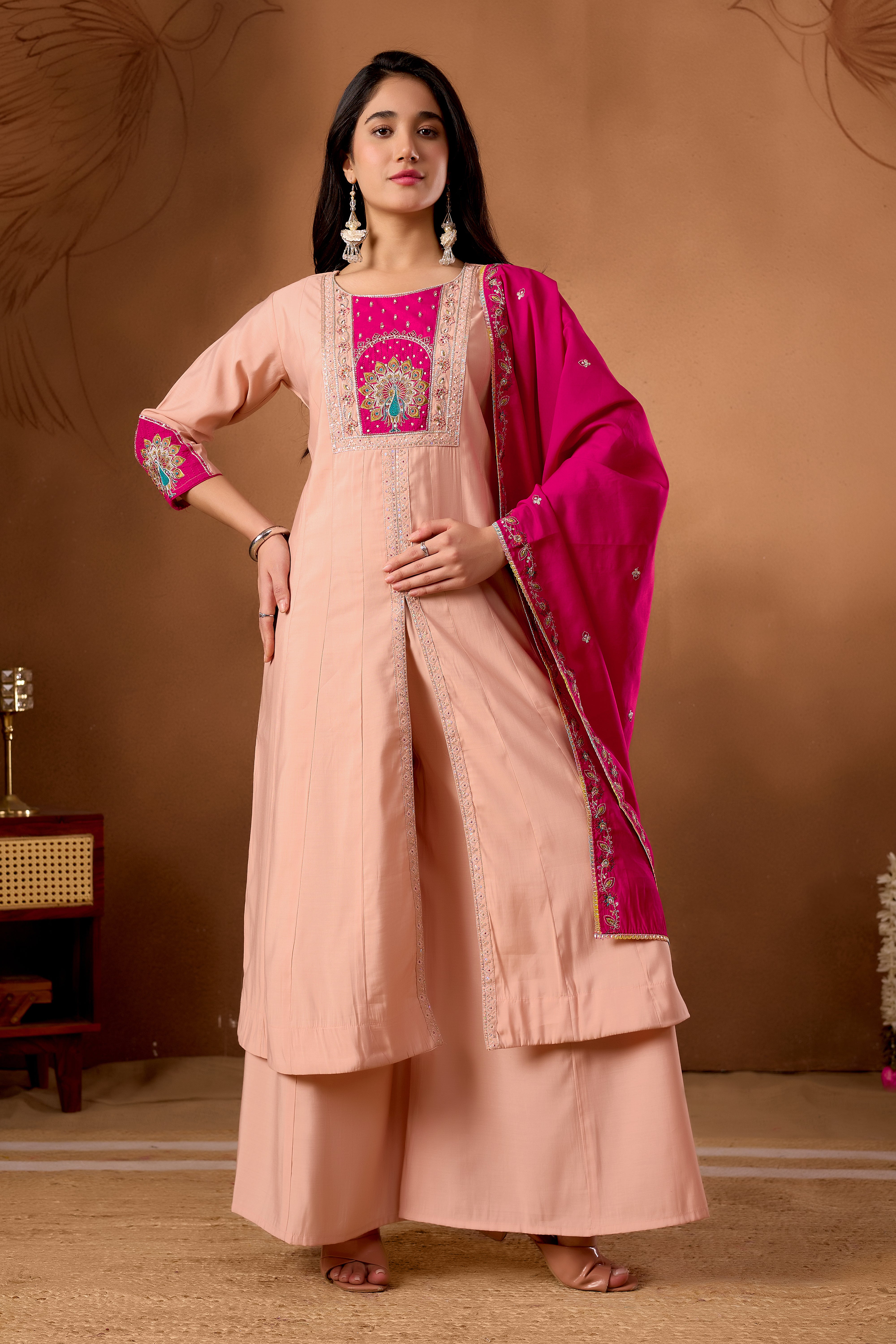 Anarkali Kurti Plazo Dupatta Set – Premium Roman Silk Embroidery Festive Wear