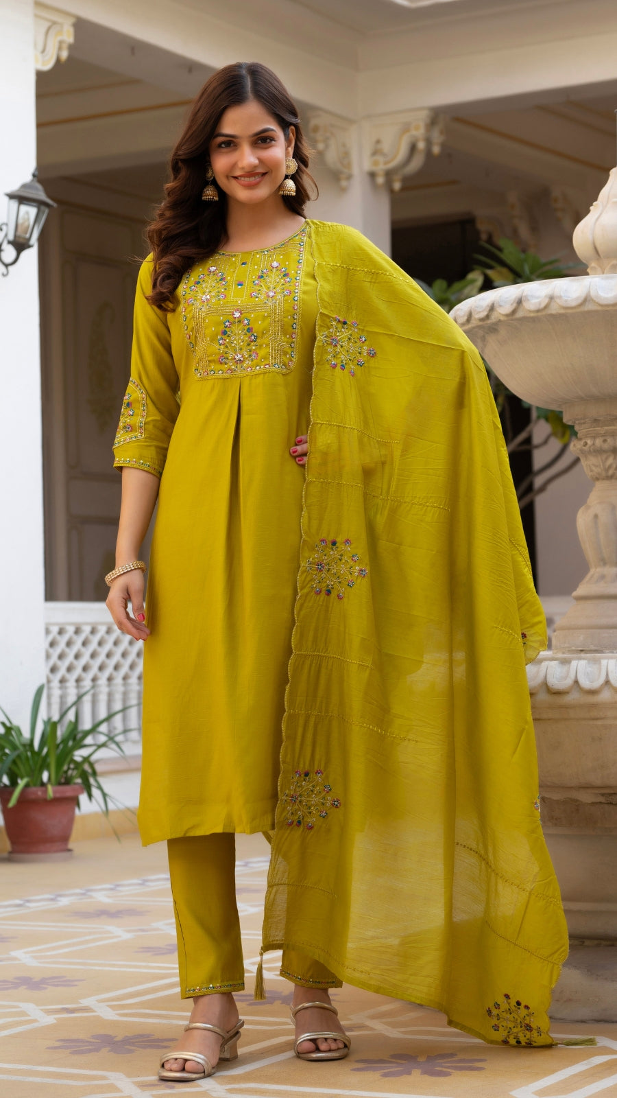 Embroidered Kurti Pant Set with Dupatta – Festive Wear for Women