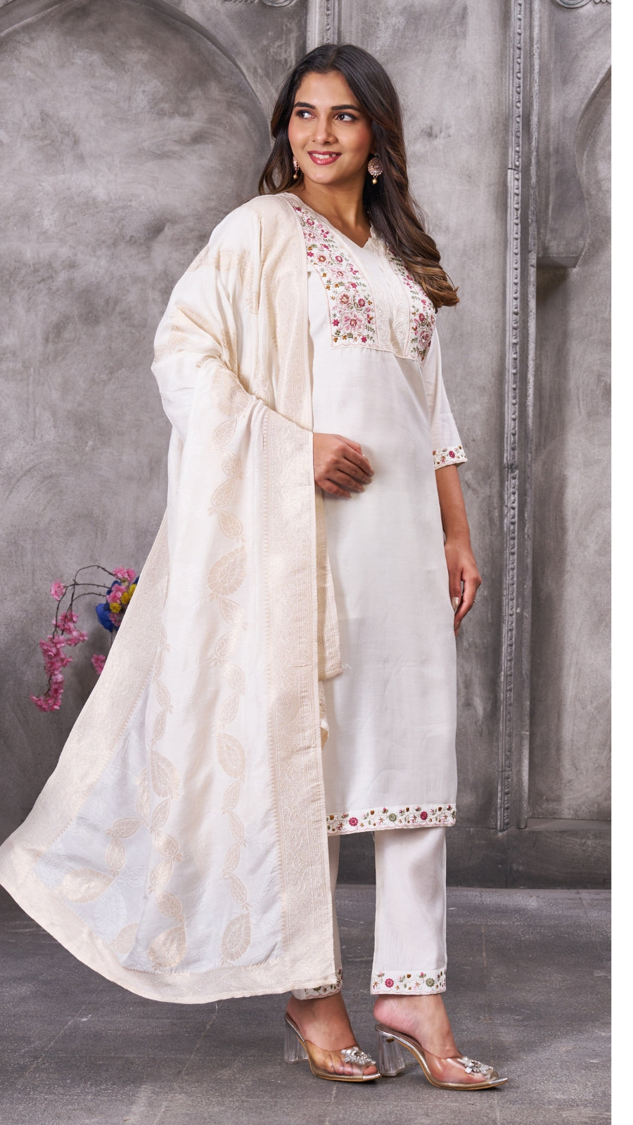 Luxury Roman Silk Embroidered Kurta Set with Dupatta | Festive & Wedding Wear Suit for Women