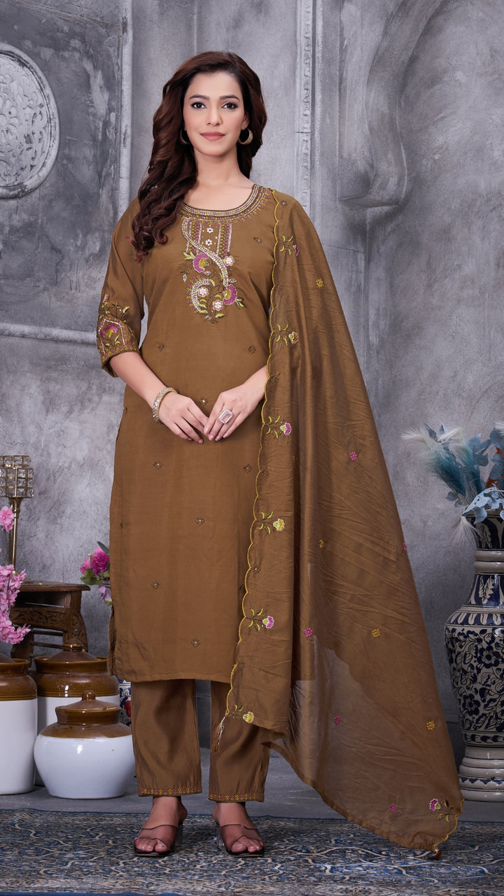 Elegant Embroidered Roman Silk Kurti Pant Set with Dupatta | Festive & Ethnic Wear for Women