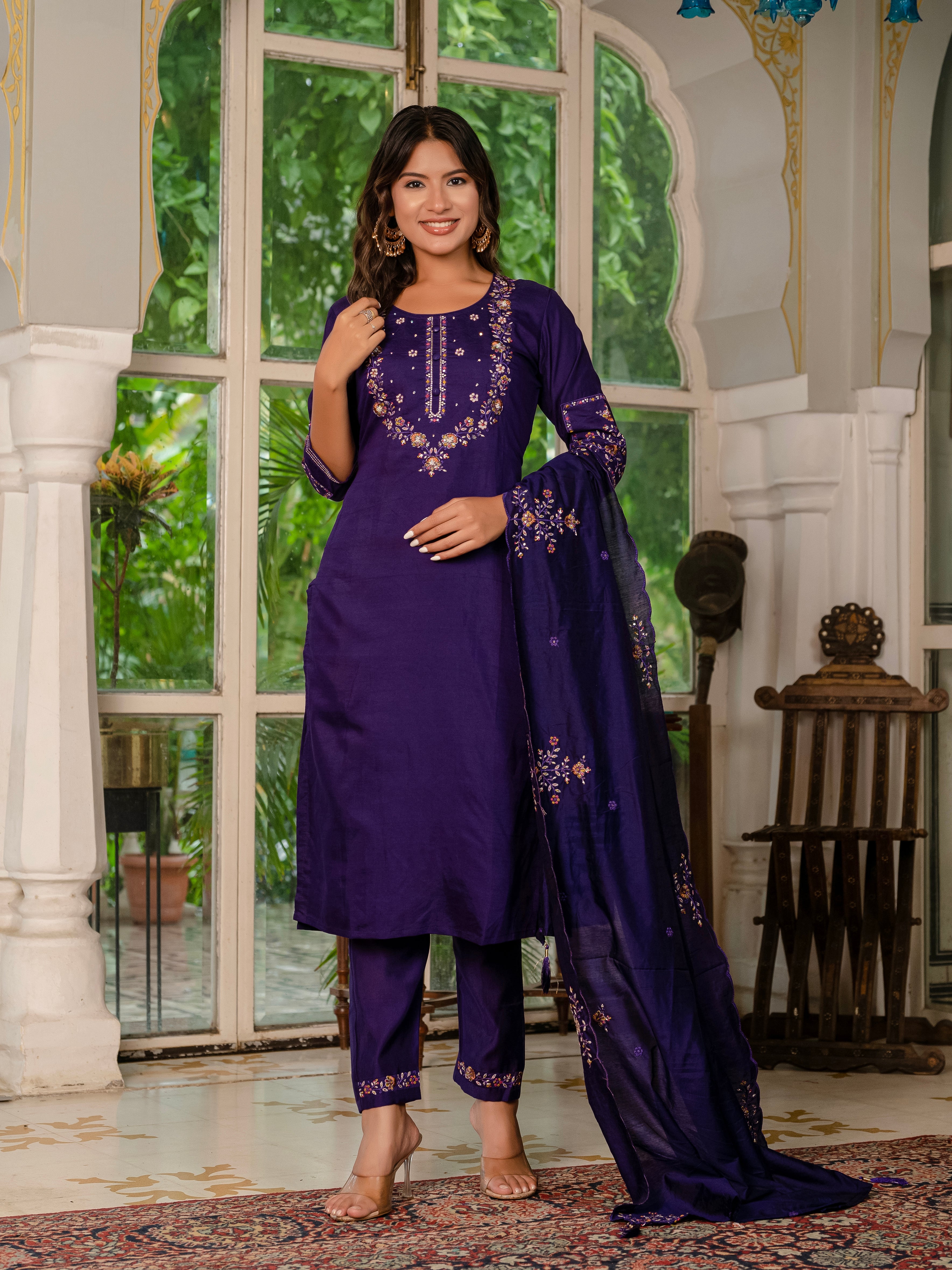Royal Purple,Perrot,Musted Yellow, Green Embroidered Kurti Pant Dupatta Set | Premium Festive Wear