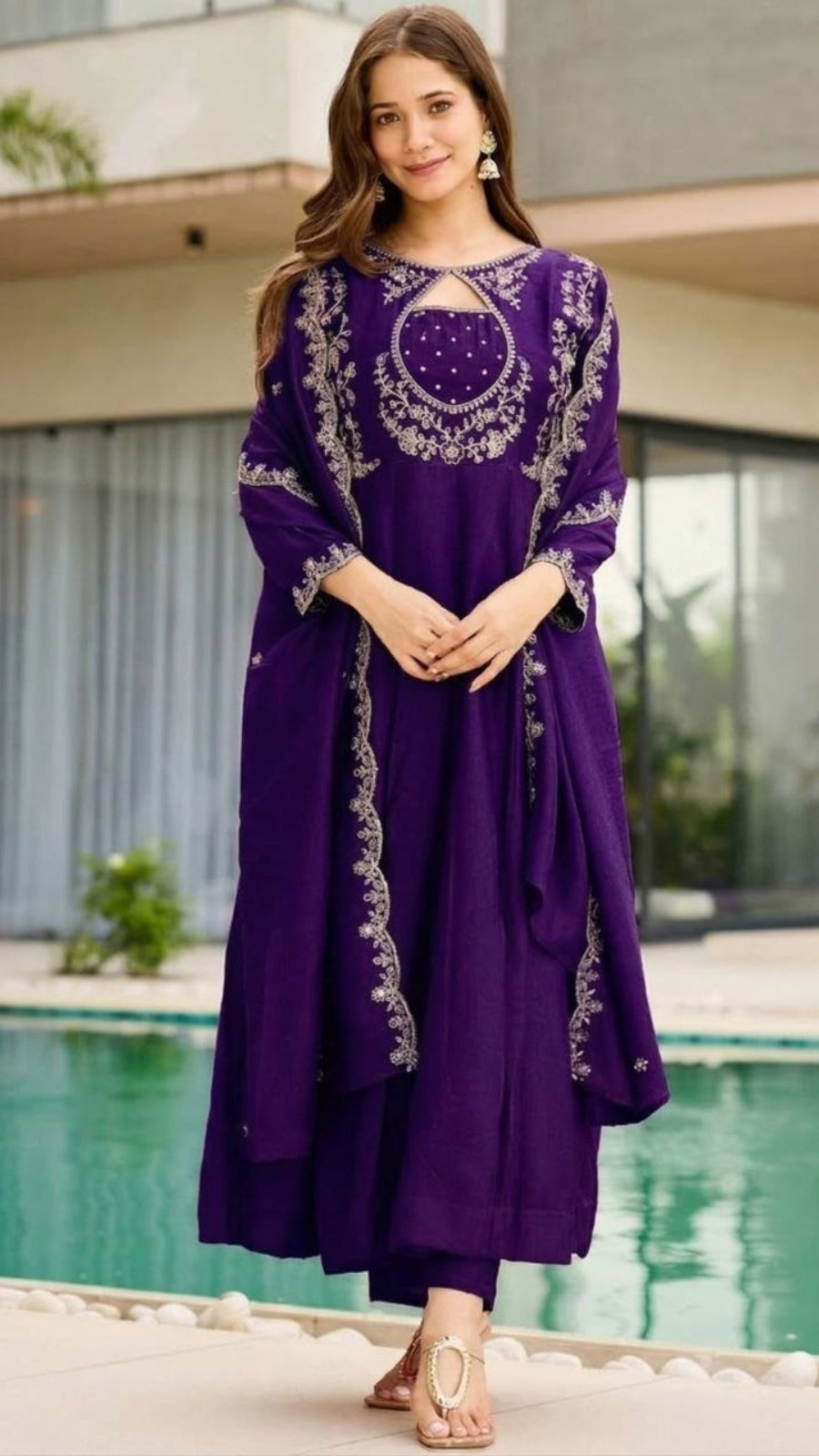 Women Embroidered Vichitra Anarkali Suit Set with Dupatta – Festive Ethnic Wear